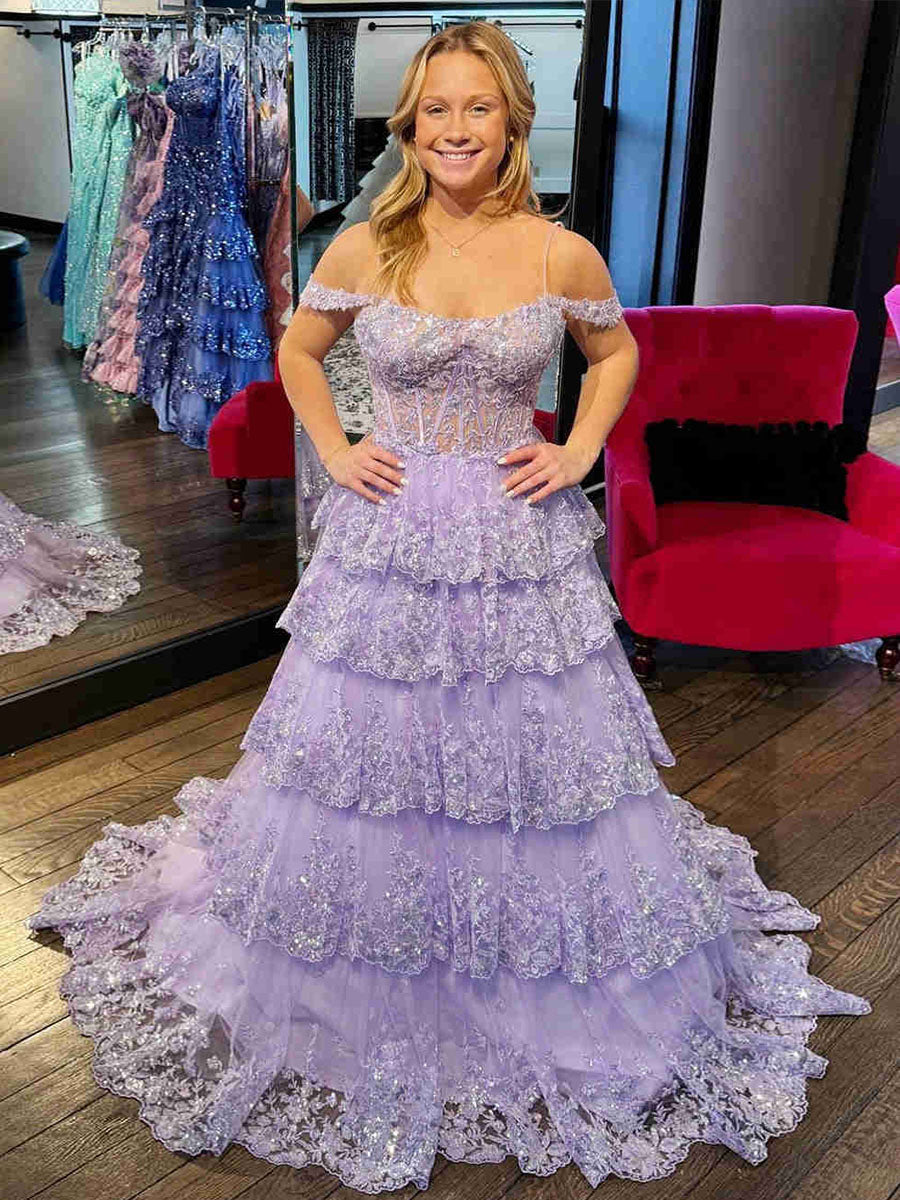 Off the Shoulder Tiered Lace Long Prom Dress