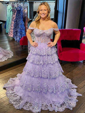 Off the Shoulder Tiered Lace Long Prom Dress