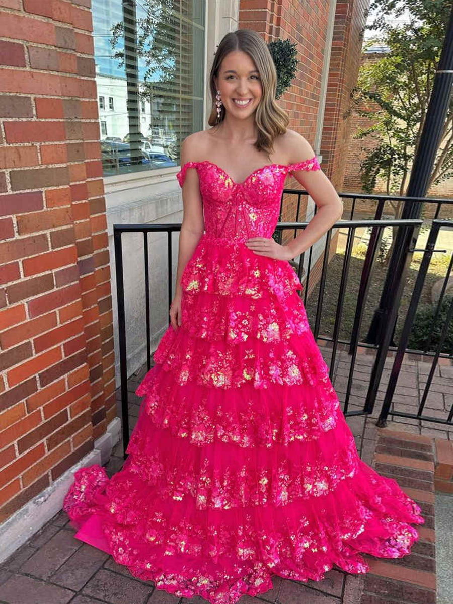 Off the Shoulder Tiered Lace Long Prom Dress