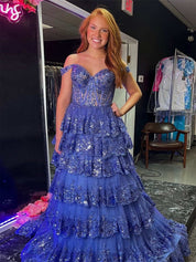 Off the Shoulder Tiered Lace Long Prom Dress