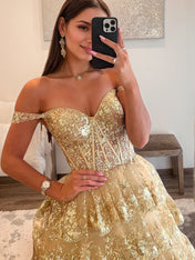 Off the Shoulder Tiered Lace Long Prom Dress