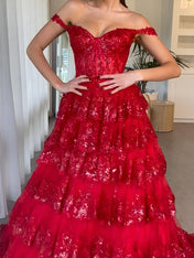 Off the Shoulder Tiered Lace Long Prom Dress