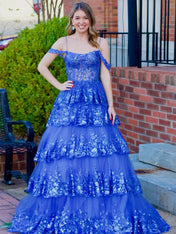 Off the Shoulder Tiered Lace Long Prom Dress