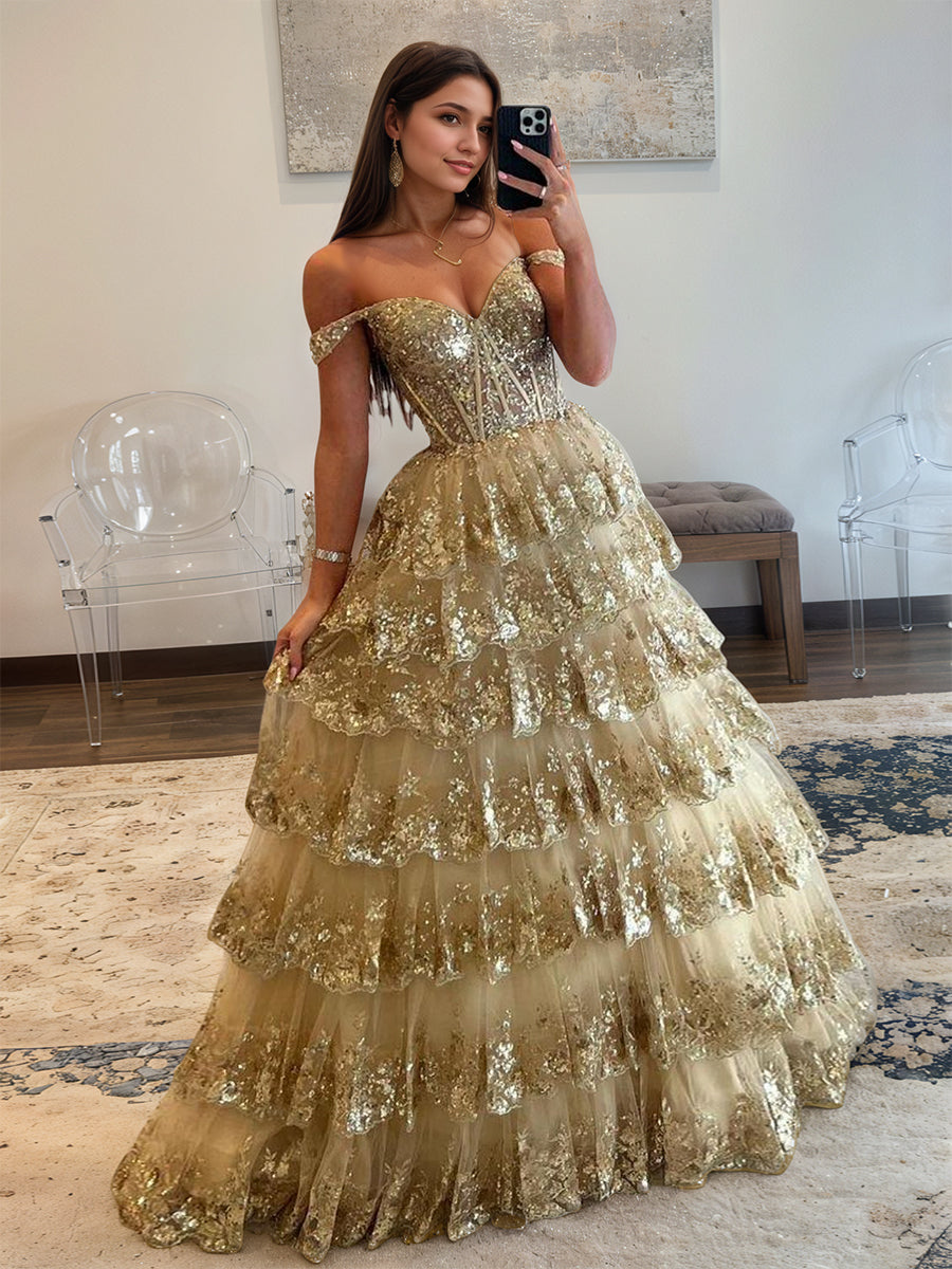 Off the Shoulder Tiered Lace Long Prom Dress