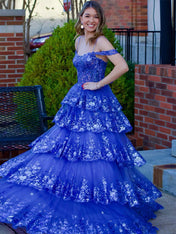 Off the Shoulder Tiered Lace Long Prom Dress