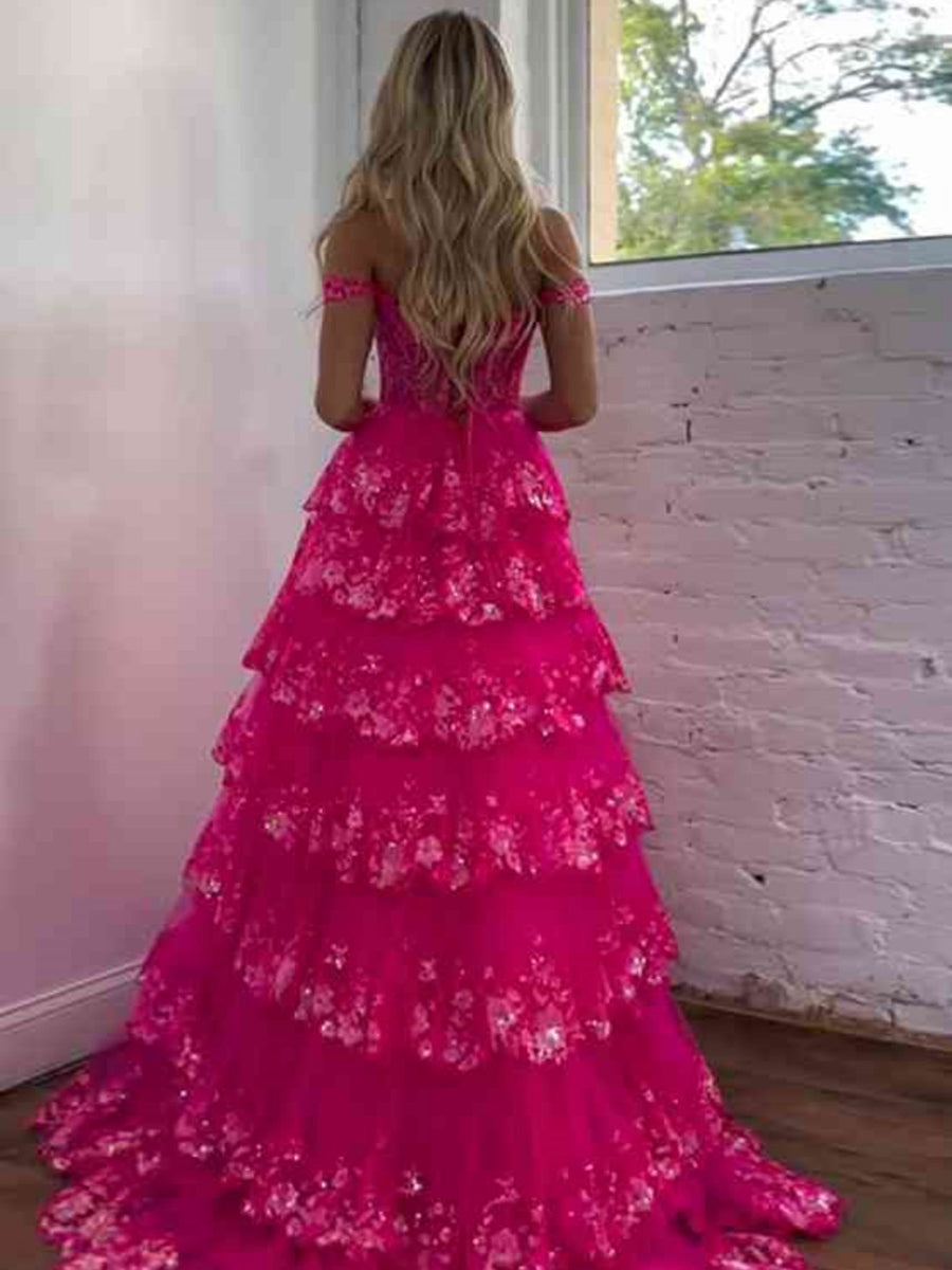 Off the Shoulder Tiered Lace Long Prom Dress