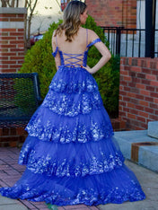 Off the Shoulder Tiered Lace Long Prom Dress