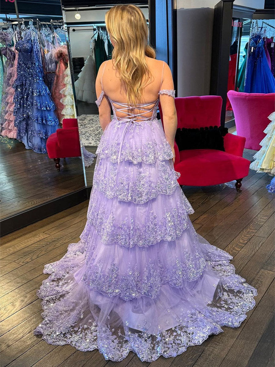 Off the Shoulder Tiered Lace Long Prom Dress