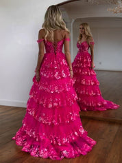 Off the Shoulder Tiered Lace Long Prom Dress