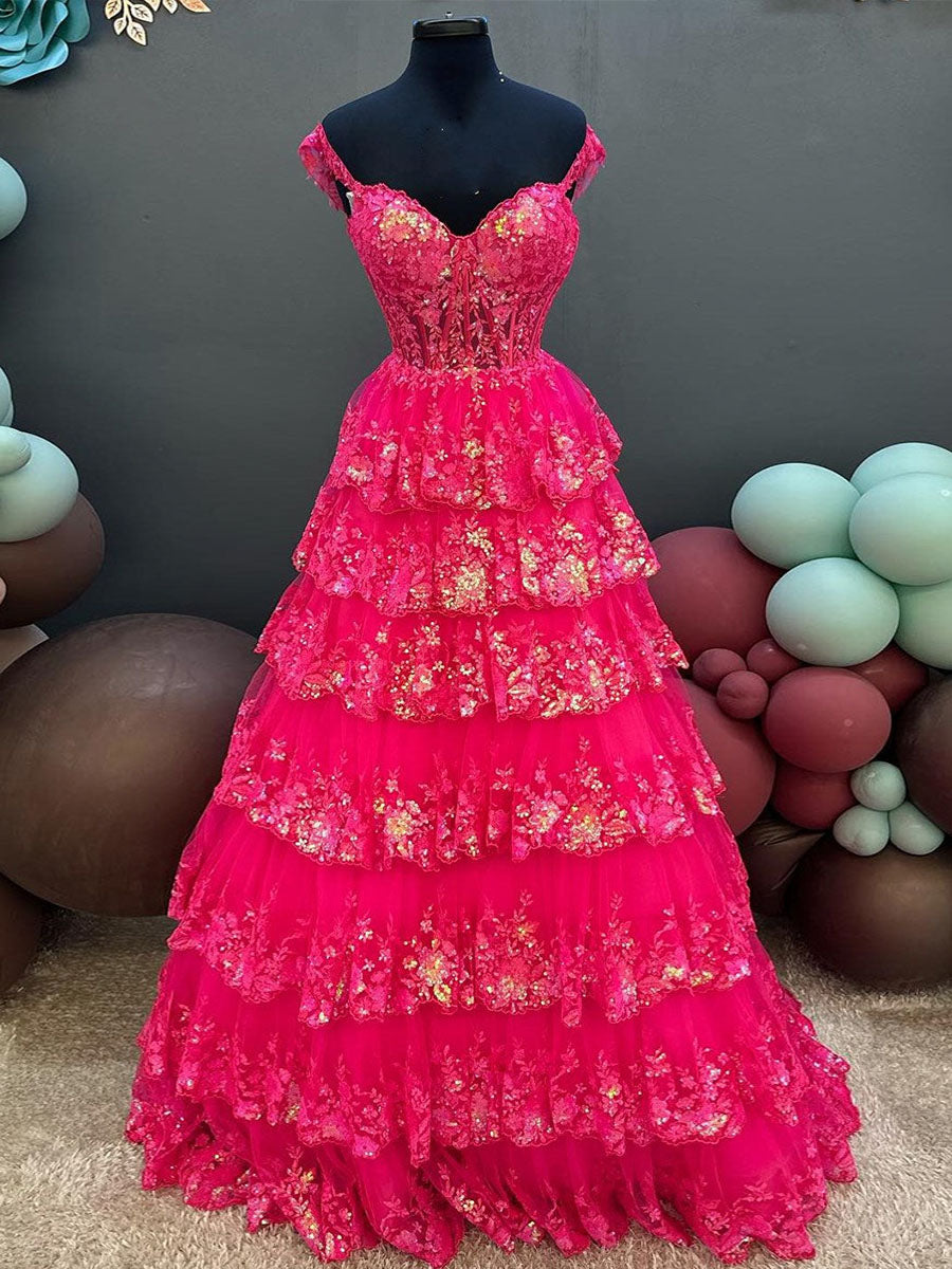 Off the Shoulder Tiered Lace Long Prom Dress
