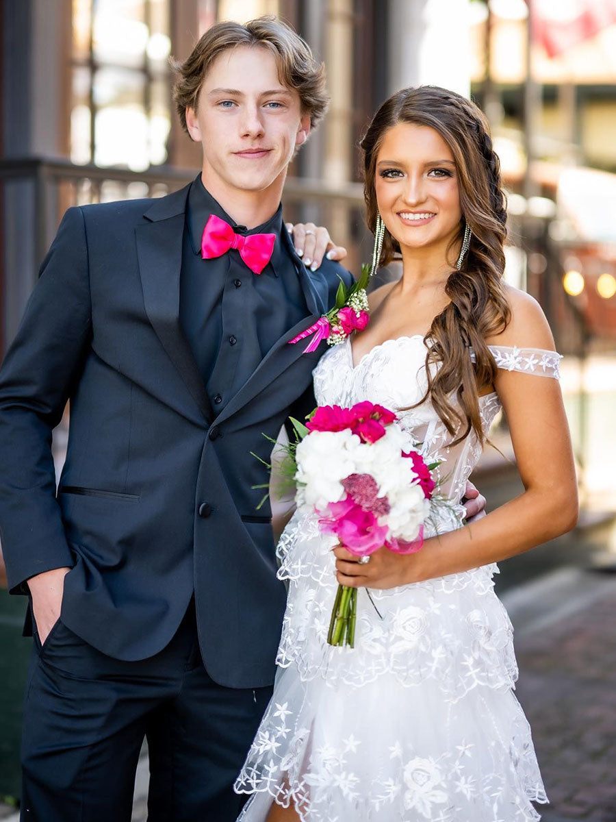 Off the Shoulder Appliques Tiered Long Prom Dress