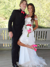 Off the Shoulder Appliques Tiered Long Prom Dress