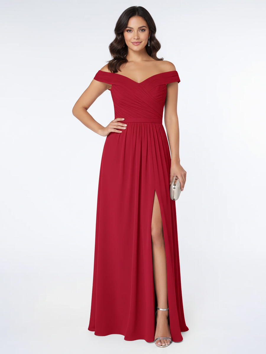 Off the Shoulder Empire Bridesmaid Dress with Slit