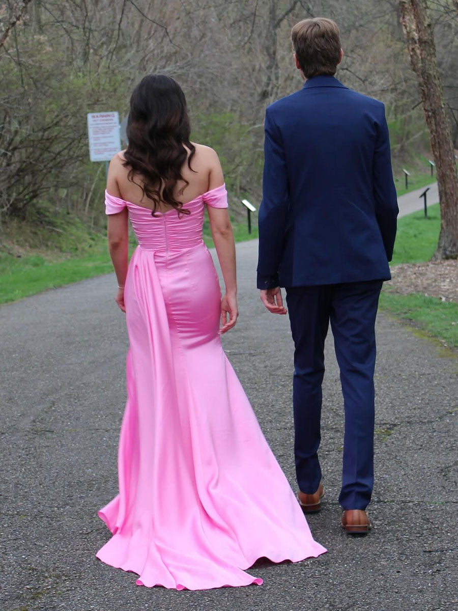 Off the Shoulder Ruched Long Prom Dress with Slit