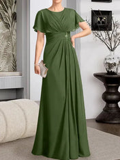 A-line Scoop Floor-Length Chiffon Mother of the Bride Dress With Pleated Beading