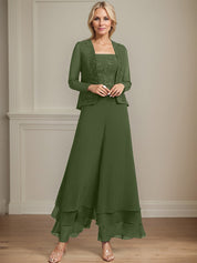Robe de mère de la mariée en mousseline de soie, longueur cheville, avec sequins, combinaison/tailleur carré 