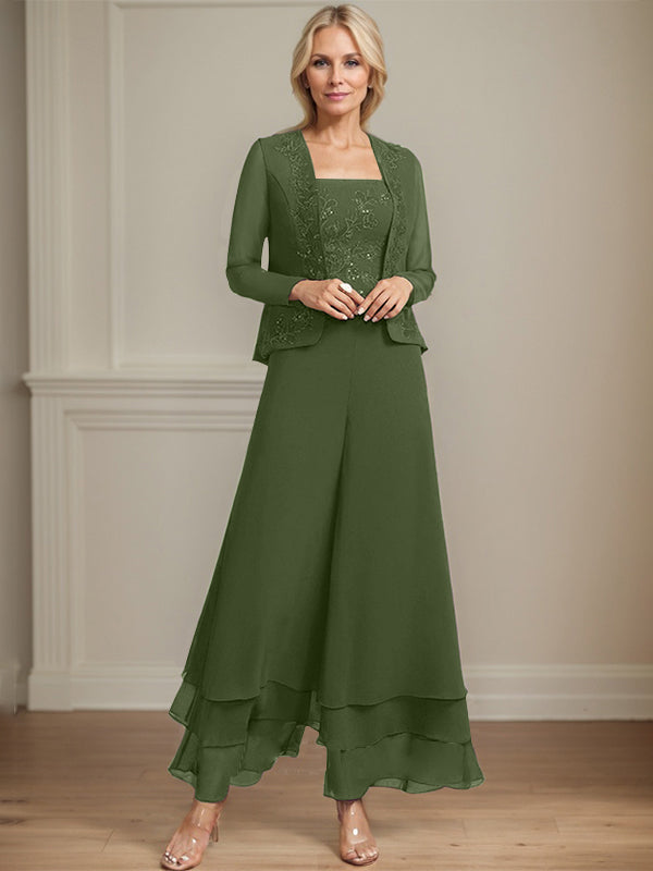 Robe de mère de la mariée en mousseline de soie, longueur cheville, avec sequins, combinaison/tailleur carré 