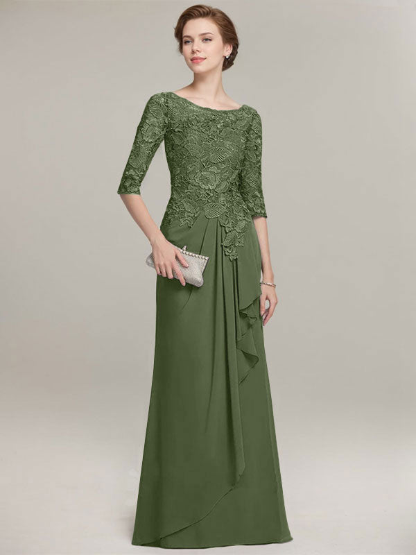 A-line Scoop Illusion Floor-Length Lace Chiffon Mother of the Bride Dress With Cascading Ruffles