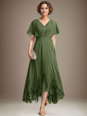 A-line V-Neck Asymmetrical Lace Chiffon Mother of the Bride Dress With Pleated