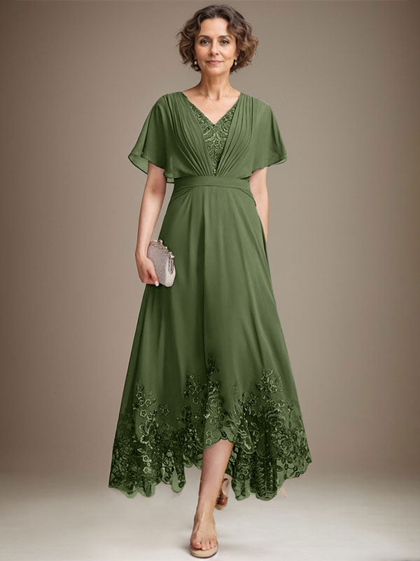 A-line V-Neck Asymmetrical Lace Chiffon Mother of the Bride Dress With Pleated