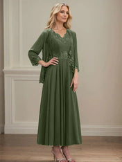A-line V-Neck Ankle-Length Chiffon Mother of the Bride Dress With Sequins Appliques Lace Beading