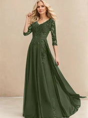 A-line V-Neck Floor-Length Lace Chiffon Mother of the Bride Dress With Sequins