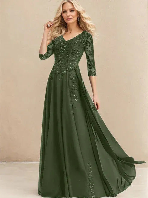 A-line V-Neck Floor-Length Lace Chiffon Mother of the Bride Dress With Sequins