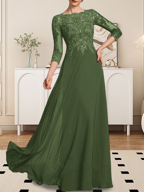 A-line Scoop Floor-Length Lace Chiffon Mother of the Bride Dress With Sequins