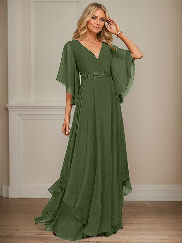 A-line V-Neck Floor-Length Chiffon Mother of the Bride Dress With Sequins Appliques Lace Beading
