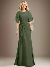A-line Scoop Floor-Length Chiffon Mother of the Bride Dress With Cascading Ruffles Beading Sequins