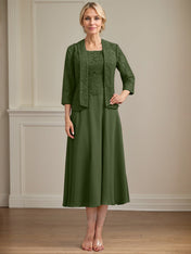 A-line Scoop Tea-Length Lace Chiffon Mother of the Bride Dress