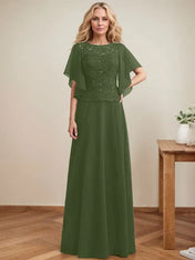 A-line Scoop Illusion Floor-Length Lace Chiffon Mother of the Bride Dress With Sequins