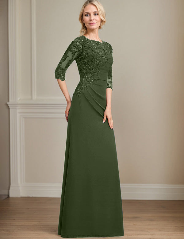 Robe de mère de la mariée trapèze en mousseline de soie et dentelle, longueur au sol, avec perles et paillettes plissées