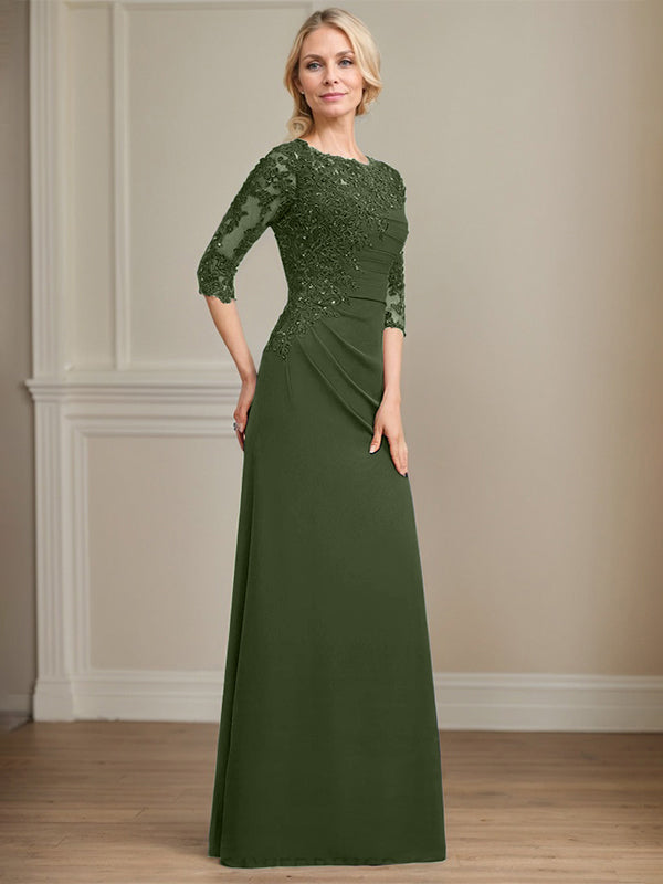 A-line Scoop Floor-Length Chiffon Lace Mother of the Bride Dress With Beading Pleated Sequins