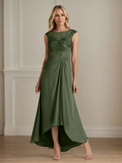 Champagne A-Line Scoop Lace Chiffon Dress