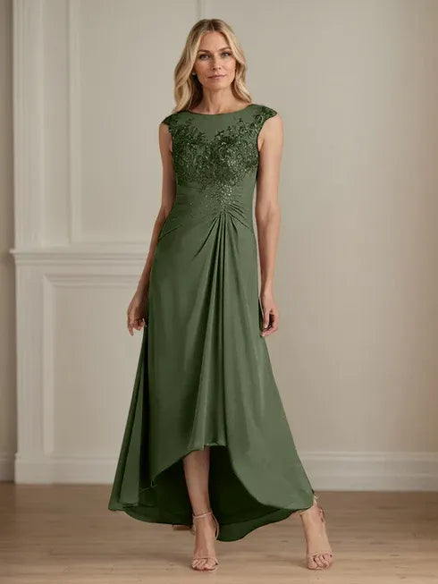 Champagne A-Line Scoop Lace Chiffon Dress