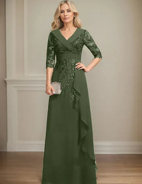 Robe de mère de la mariée trapèze, col en V, longueur au sol, en mousseline de soie et dentelle, avec volants en cascade et paillettes 