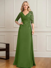 A-line V-Neck Floor-Length Lace Chiffon Mother of the Bride Dress With Pleated Sequins