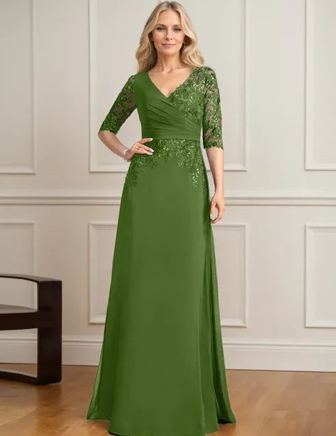 Robe de mère de la mariée trapèze, col en V, longueur au sol, en mousseline de soie et dentelle, avec sequins plissés 