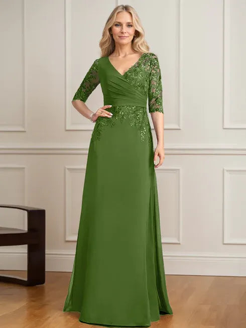 Robe de mère de la mariée trapèze, col en V, longueur au sol, en mousseline de soie et dentelle, avec sequins plissés 