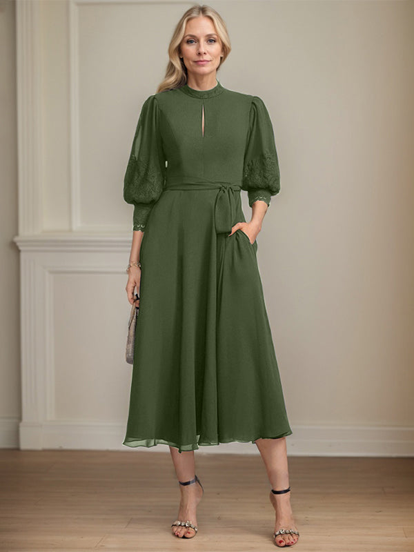 A-line High Neck Tea-Length Lace Chiffon Mother of the Bride Dress With Bow