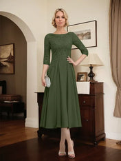 A-line Scoop Illusion Tea-Length Chiffon Lace Mother of the Bride Dress With Beading Sequins