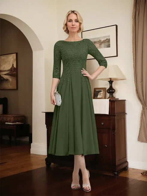 A-line Scoop Illusion Tea-Length Chiffon Lace Mother of the Bride Dress With Beading Sequins