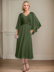 A-line V-Neck Tea-Length Chiffon Lace Mother of the Bride Dress With Beading Sequins
