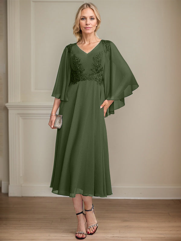 A-line V-Neck Tea-Length Chiffon Lace Mother of the Bride Dress With Beading Sequins