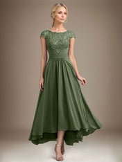 A-line Scoop Illusion Asymmetrical Lace Chiffon Mother of the Bride Dress With Pleated
