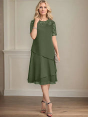 A-line Scoop Illusion Knee-Length Lace Chiffon Mother of the Bride Dress With Sequins