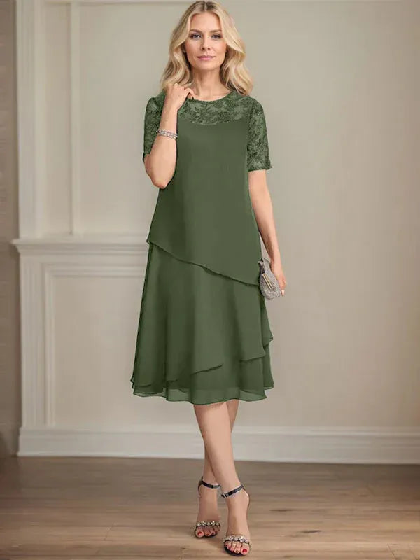 A-line Scoop Illusion Knee-Length Lace Chiffon Mother of the Bride Dress With Sequins