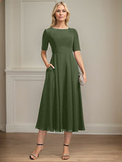 A-line Scoop Tea-Length Chiffon Mother of the Bride Dress With Appliques Lace Sequins