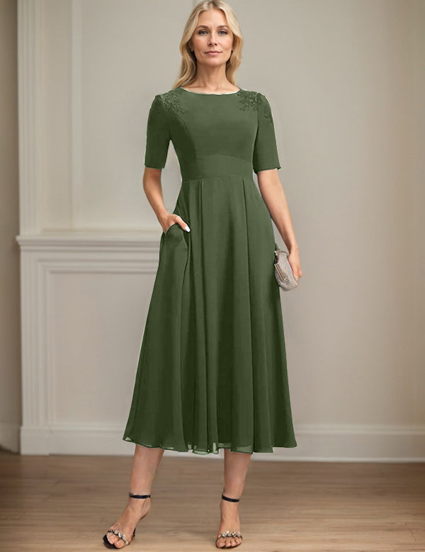 A-line Scoop Tea-Length Chiffon Mother of the Bride Dress With Appliques Lace Sequins
